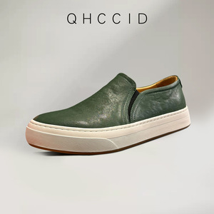 Qhccid Green Leather Slip-on Loafers Men Soft Sole Casual Shoes <b>Low</b> <b>Heel</b> Retro Style - Product Image 3
