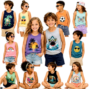 Lote de Camisetas sin Mangas para Niños de Bangladesh, Chalecos Transpirables de Algodón, Estampados de Dibujos Animados Surtidos, Ropa Infantil Excedente de Fábrica - Product Image 1