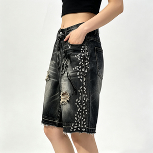 Shorts en jean décontractés taille haute skinny pour <span class=keywords><strong>femme</strong></span>, imprimé squelette, déchirés et effilochés, pour l'été - Product Image 3