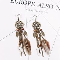 Boucles d'oreilles pendantes en alliage de zinc faites à la main, style bohème vintage européen et américain, avec franges de plumes, forme de feuille, cadeau pour femme, ivoire, art rétro