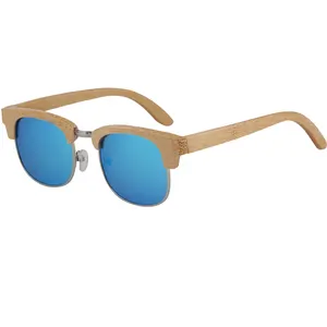 Toptan Trend klasik yüksek kaliteli bambu güneş gözlüğü klasik yarı çerçevesiz özel logo el yapımı güneş gözlüğü