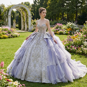 Vestido de Noche Morado para Quinceañera o Aniversario de 15 Años Estilo Ball Gown con Apliques de Gasa Lentejuelas Pedrería y Encaje Largo Maxi LSMC69 - Product Image 1