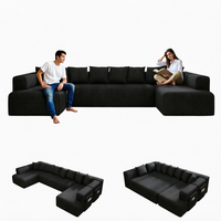 Canapé modulaire noir en tissu convertible en U, sans structure, assise profonde, pour salon