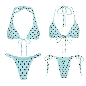 Costume da Bagno Ecologico Personalizzato, Bikini a Due Pezzi con Triangolo e <span class=keywords><strong>Perizoma</strong></span> a Pois Azzurri per Donna - Product Image 1