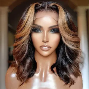 Highlight HD Wigs Human Hair Lace Front Shoulder Length Piano Color Curly Bob Wig Highlight Body Wave Bob Wig For Black Women