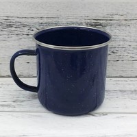 Mug en émail bleu de 350 ml avec points blancs, bord en acier inoxydable, logo par transfert thermique pour le café et le camping