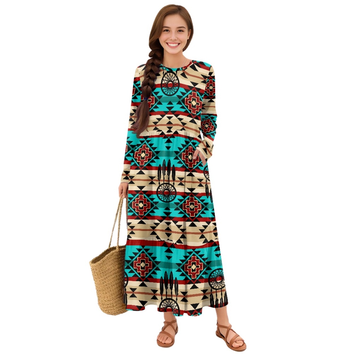 Elegant Aztec Long Sleeve Dress - Women's Clothing