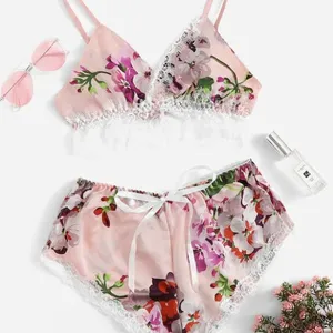 Bosman Piyama Sutra Wanita, Set Lingerie Pendek Satin Cetakan Pendek dan Bra Sutra untuk Perempuan