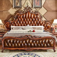 Lit king-size en bois massif sculpté de style européen luxueux, style princesse royale, lit pour la maison ou l'hôtel, ensemble de lit en cuir véritable de style américain classique de luxe