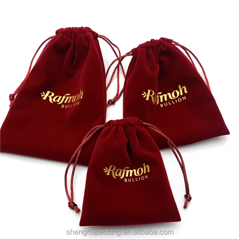 Petite pochette à cordon en velours Sac en velours Cadeau Pochette en velours rouge recyclable pour mariage avec logo doré