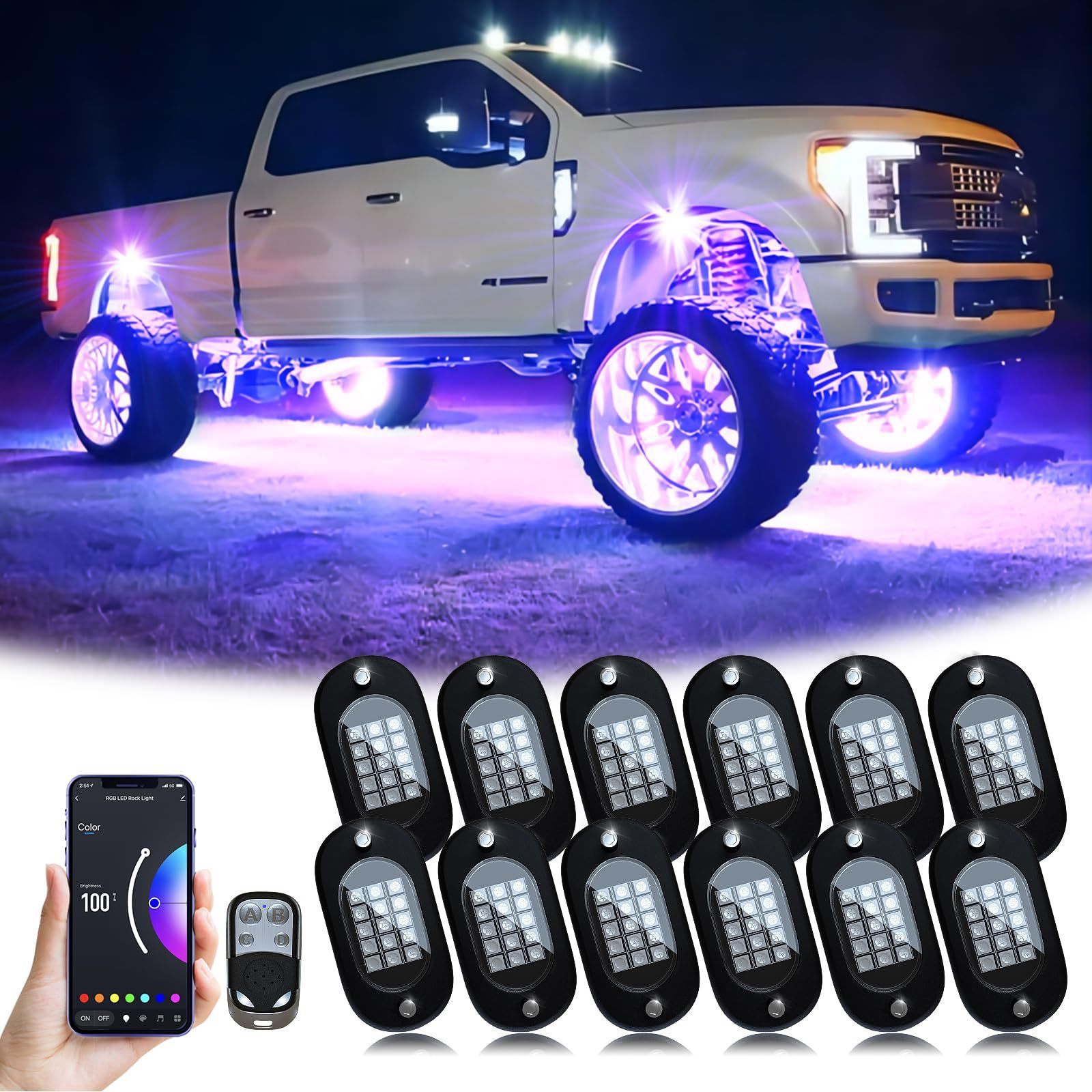 Smart APP Blue Tooth Music 8 Pods Underglow Multicolor Neon Light Pod RGB Rock Lights for Trucks SUV UTV