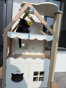 Villa pour chat en bois massif bicolore avec arbre à chat, lit pour chat et griffoir en sisal, maison pour chat en bois personnalisable - Product Image 3