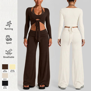 Custom Logo Women 3 Piece Yoga Tie-Front Wrap <b>Top</b> <b>Long</b> <b>Sleeve</b> Jacket Halter Bra High Waist Wide Leg Flare Pants Set - Product Image 1