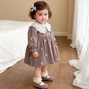 Frühlings-Prinzessinnenkleid für Mädchen von 1-6 Jahren, Neue Babykleidung aus Baumwolle mit Blumenstickerei, Spitzenkragen, Zwillingskleid für Kinder - Product Image 2
