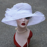 Chapeau de printemps en maille à volants pour femmes, chapeau en fleurs, chapeau à large bord, pour église, mariage