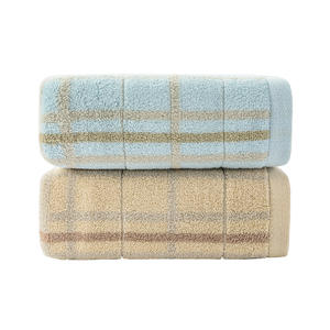 Serviette de bain en coton pur à carreaux 70x140 cm, douce et moelleuse, pour usage domestique, rectangulaire, jaune et bleue, à motif jacquard - Product Image 2