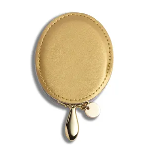 PU Pouch Mirror Gold Plated Portable Mini Elliptic Handheld Compact Mirror With Pendant