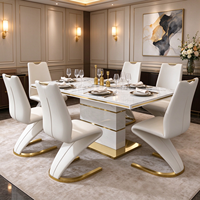 Ensemble de table et chaises de salle à manger en marbre de luxe, plateau en pierre frittée avec base en acier inoxydable doré, meubles de salle à manger
