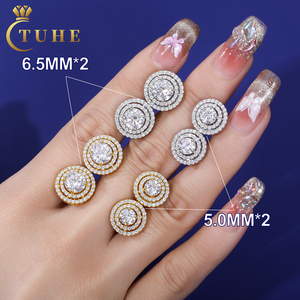 Bán Buôn Đồ Trang Sức Thời Trang 5Mm-6.5Mm 925 Sterling Silver Micro Paved 3 Hàng VVS Moissanite Kim Cương Vòng Tròn Halo Stud Bông Tai - Product Image 1