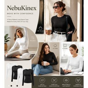 Paquete de 4 Camisetas de Manga Larga para Mujer, Cuello Redondo, Acanaladas, Ajustadas, Elásticas, para Otoño e Invierno, en Blanco y Negro - Product Image 6
