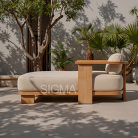 Moderner Teakholz-Sessel mit Einzigartiger Schwebender Armlehne, T-förmigem Rahmen, Gartensofa mit Dicker Beiger Polsterung für Terrasse und Poolbereich
