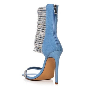 Sandales à talons hauts pour femmes, grande taille 47, avec lanières brillantes, talon aiguille, strass brillants, en jean, pour soirée, coupe large - Product Image 4