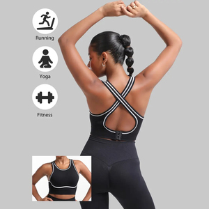 <span class=keywords><strong>Sujetador</strong></span> <span class=keywords><strong>deportivo</strong></span> de Yoga para gimnasio con contraste de rayas y espalda abierta entrecruzada con correa ajustable sin costuras para mujer para entrenamiento de alto impacto - Product Image 2