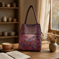 Sac fourre-tout en cuir peint à la main pour femme, style vintage bohème, motif aquarelle, sac à bandoulière en cuir de vachette véritable, grande capacité, pour le bureau et les trajets quotidiens