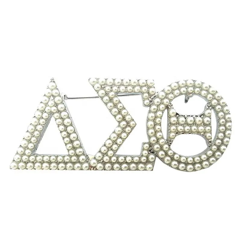 Large Size Silver Two Layers Greek Letter Pin Sorority Pearl Brooch Delta Sigma Thet Jewelry