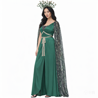 Robe longue de soirée féminine pour Halloween, style Renaissance, avec cape en maille à sequins verts et coiffe à cornes, pour cosplay de fée elfe fantastique