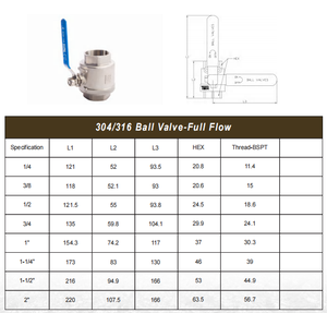 Vanne à boisseau sphérique en acier inoxydable 304 316, 2 pièces, à passage complet, 1000WOG, filetage femelle BSPT, manuelle, pour pipeline maritime - Product Image 2