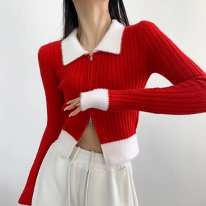 Menina picante Sexy das mulheres Lançou Malha Cardigan Novo Natal Contraste Zipper Camisola Casaco com Patchwork <span class=keywords><strong>Pattern</strong></span> - Product Image 5