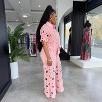 Ensemble 2 pièces pour femme : Haut court à manches courtes en dentelle ajourée et pantalon large brodé avec bandage – Tenue de soirée/club pour anniversaire