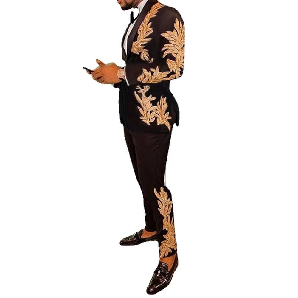 Golden pattern four seasons black leisure straight hem trim men's suits European and American parties