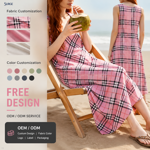 Vestido maxi <span class=keywords><strong>de</strong></span> algodón personalizado para mujer, informal, <span class=keywords><strong>de</strong></span> verano, rosa a cuadros, con tirantes finos, cuello en V, sin mangas, línea A, fluido, para playa y vacaciones. - Product Image 1