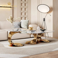 Table Basse Scandinave Italienne de Luxe, Pieds Dorés en Acier Inoxydable, Table Basse Ovale Moderne en Pierre Frittée Blanche pour Salon