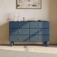 Commode moderne à 6 tiroirs avec poignées dorées, grand meuble de rangement en bois bleu pour la maison, la chambre, la salle à manger, le couloir, hauteur réglable