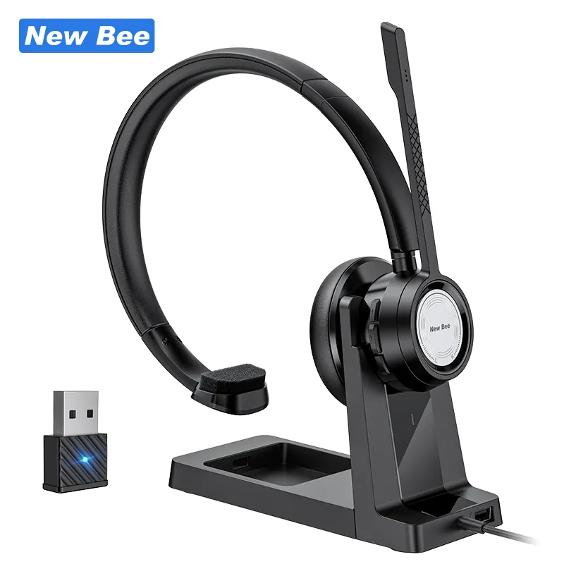 New Bee Noise Cancelling Wireless Computer Headset Single Ear Bluetooth Headset with Stand Headphones with Boom Mic