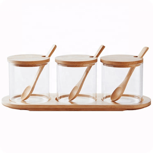Bán buôn rõ ràng Glass container cho muối hạt tiêu gia vị bao bì chai với nắp tre gỗ chủ 3 cái-1 bộ trong nhà bếp - Product Image 1
