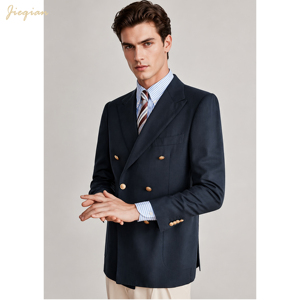 <span class=keywords><strong>Blazer</strong></span> sur mesure <span class=keywords><strong>bleu</strong></span> <span class=keywords><strong>marine</strong></span> croisé pour <span class=keywords><strong>homme</strong></span> en mélange de laine, veste de costume avec boutons dorés, revers pointus, coupe ajustée - Product Image 3