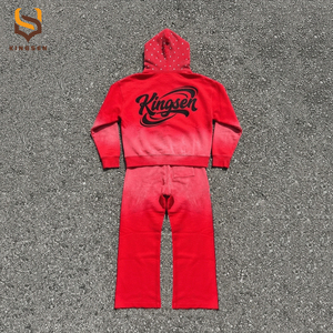 OEM Vintage Streetwear Sun Faded Washed Tracksuit Pearl Embroidery <b>Applique</b> Patch <b>Letter</b> Baggy Flare Sweatpants and Hoodie Sets - Product Image 2