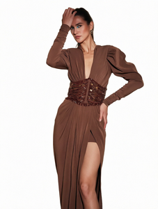 Vestido de noche marrón con cuello en V, manga abullonada, maxi vestido con cintura plisada y abertura con cuentas, vestido formal de fiesta - Product Image 1