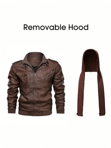 Chaqueta de moto de cuero PU marrón Vintage para hombre, bombardero impermeable y a prueba de viento con capucha extraíble, triangulación de envíos - Product Image 3