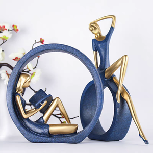 Ornement en résine de fille lisant, style Art déco oriental, bleu, 20x8x28 cm, avec motif nature morte, pour salon et salle d'étude - Product Image 1