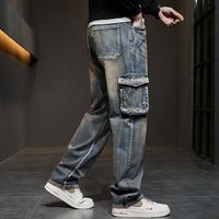 Celana Jeans Denim Longgar Ukuran Besar Multi Kantong Berkualitas Tinggi Khusus Pria, Model Baggy Fit