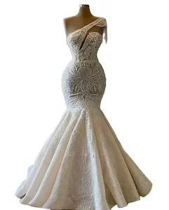 Luxury Pearls Beaded Wedding Dresses Scoop Neckline 1 Shoulder Mermaid Bridal Gowns 2024