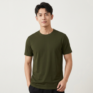 เสื้อยืดผู้ชายสีเขียวมะกอก ผ้าฝ้าย แขนสั้น คอกลม ทรงปกติ สวมใส่สบาย สีพื้น ระบายอากาศได้ดี ผ้าเจอร์ซีย์ถัก - Product Image 1