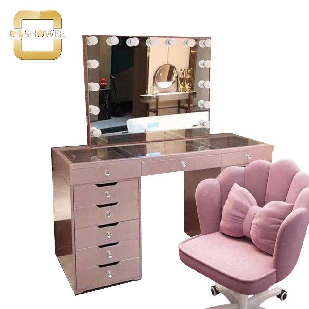 pink and gold dressing table Pink Velvet Upholstered Makeup Vanity Table with Mirror Dressing Table with Stool Large main image 1