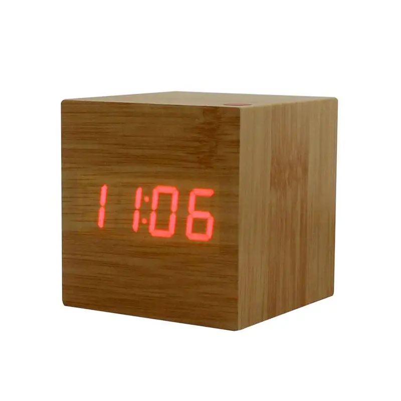 ON SALES STOCK Wooden Voice control Desk Clock with temperature square cube led digital alarm clock