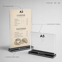 Support d'affichage en acrylique double face, porte-menu de table, support de carte de menu avec base en T pour restaurant, commerce de détail, café, compatible avec A6, A5, A4, A3